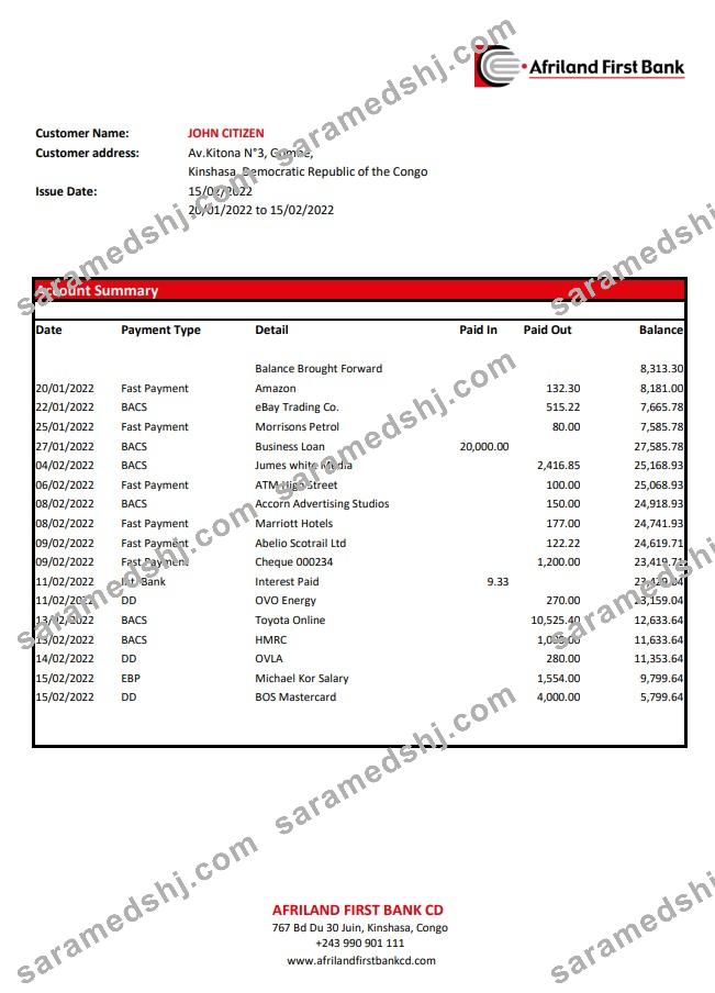 Congo Afriland First Bank statement